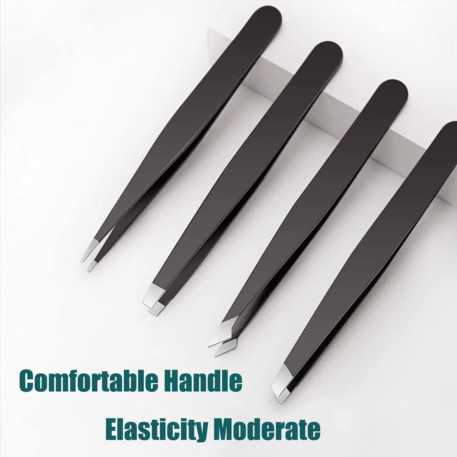 4Pcs Black Professional Stainless Steel Tweezers Set for Eyebrows, Splinters, Ingrown Hair.