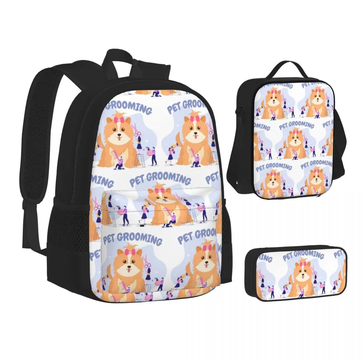 Set di Tre Pezzi: Zaino per Toelettatura di Cani e Gatti, Borsa per Studenti, Zaino Scolastico, Zaino per Bambini, Borsa per il Pranzo, Astuccio