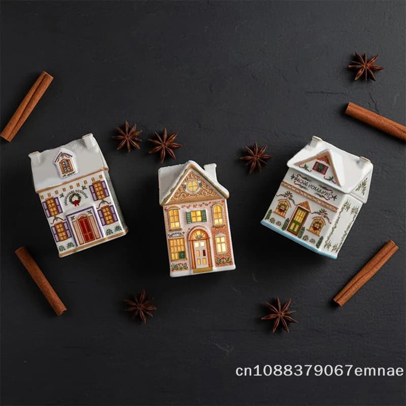 Set di Barattoli Spezie a Forma di Mini Casa di Pan di Zenzero Natalizia, Decorazione Festiva per Cucina a Tema Villaggio Natalizio con Candela da Tavolo