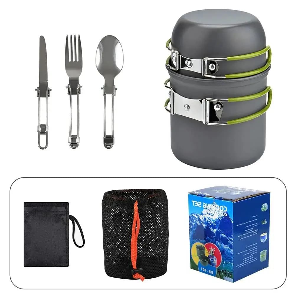 2024 Set of portable outdoor pot camping pot Mini Gas cooker Set Nature Hike Picnic Kitchen set with folding spoon knife fork