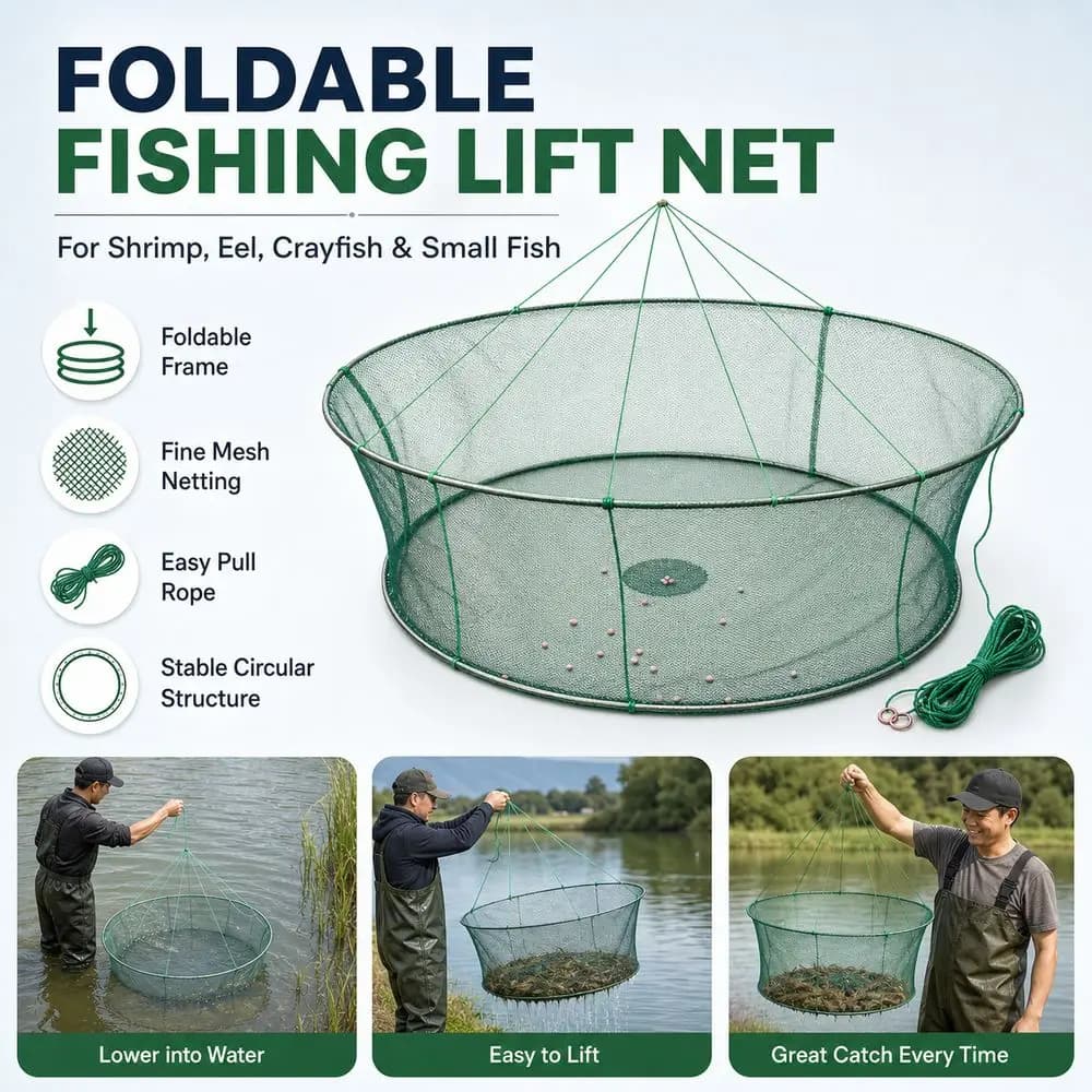 Portable Foldable Fishing Net Mesh Net Pull Rope Fishing Lift Net Circular Frame Fishing Trap Eel Catching