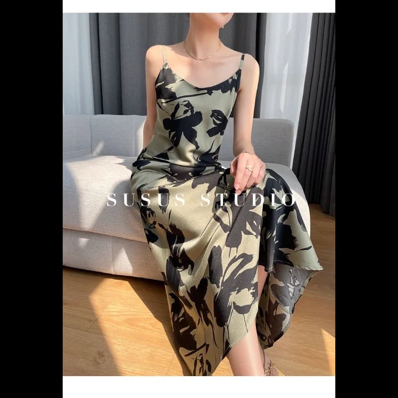 Abito lungo elegante da donna con stampa floreale vintage francese, versatile, a vita alta, aderente, per primavera ed estate