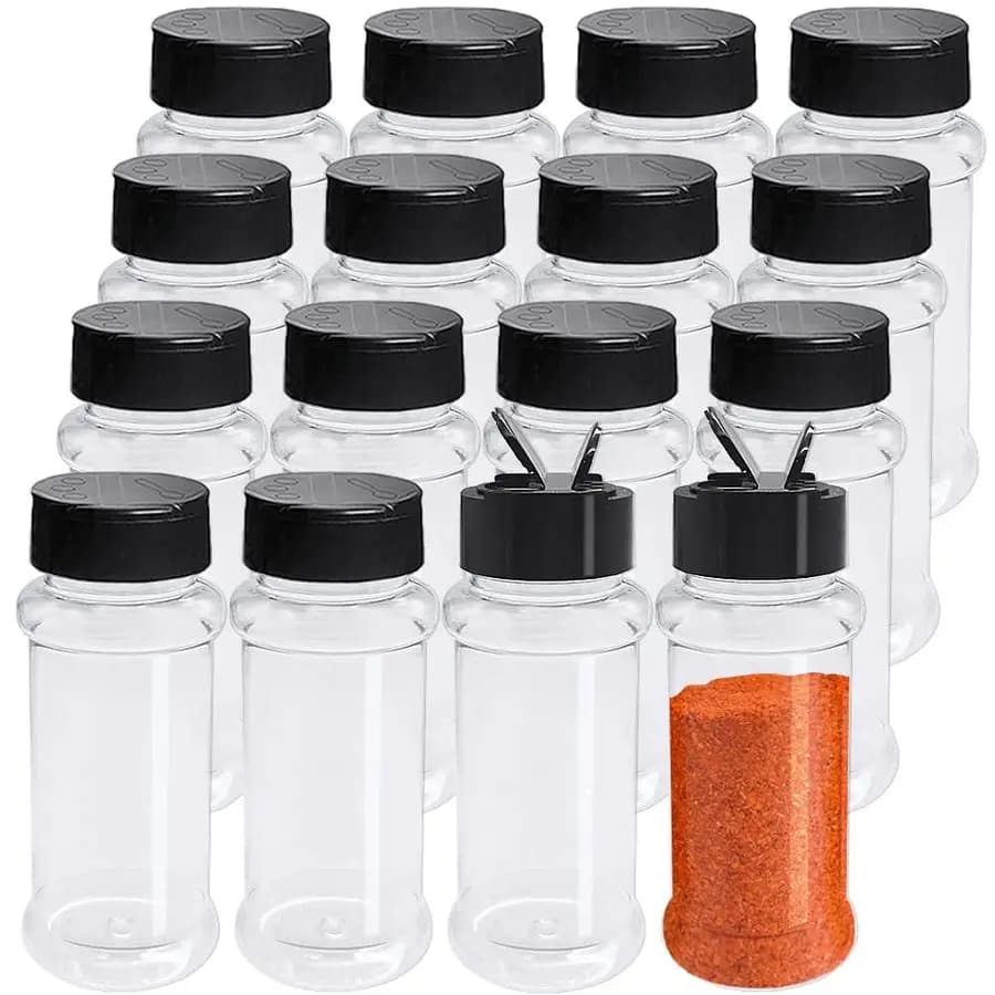 Set di 16 Bottiglie per Spezie in Plastica da 100ml (3,4oz), Contenitori Vuoti per Condimenti con Tappo Nero, Barattoli Riutilizzabili Trasparenti per Spezie