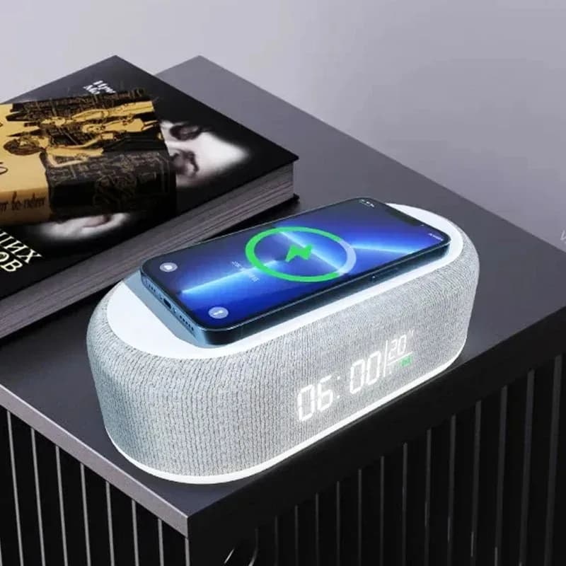 Caricabatterie Wireless 15W con Supporto, Dock di Ricarica Rapida per Telefono, Lampada da Comodino con Sveglia, Luce Notturna, Orologio da Scrivania e Termometro
