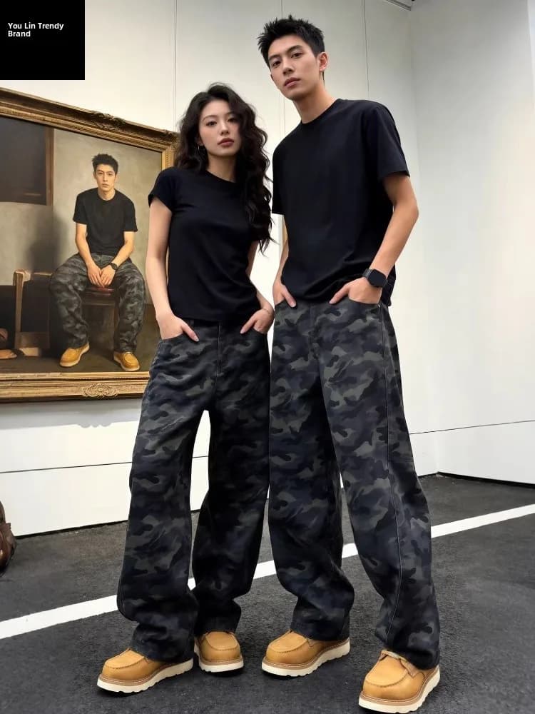 American Retro Camouflage Work Pants Men's Spring Trendy Couple's Casual Flared Leggings Straight Cut Loose Fit Jeans