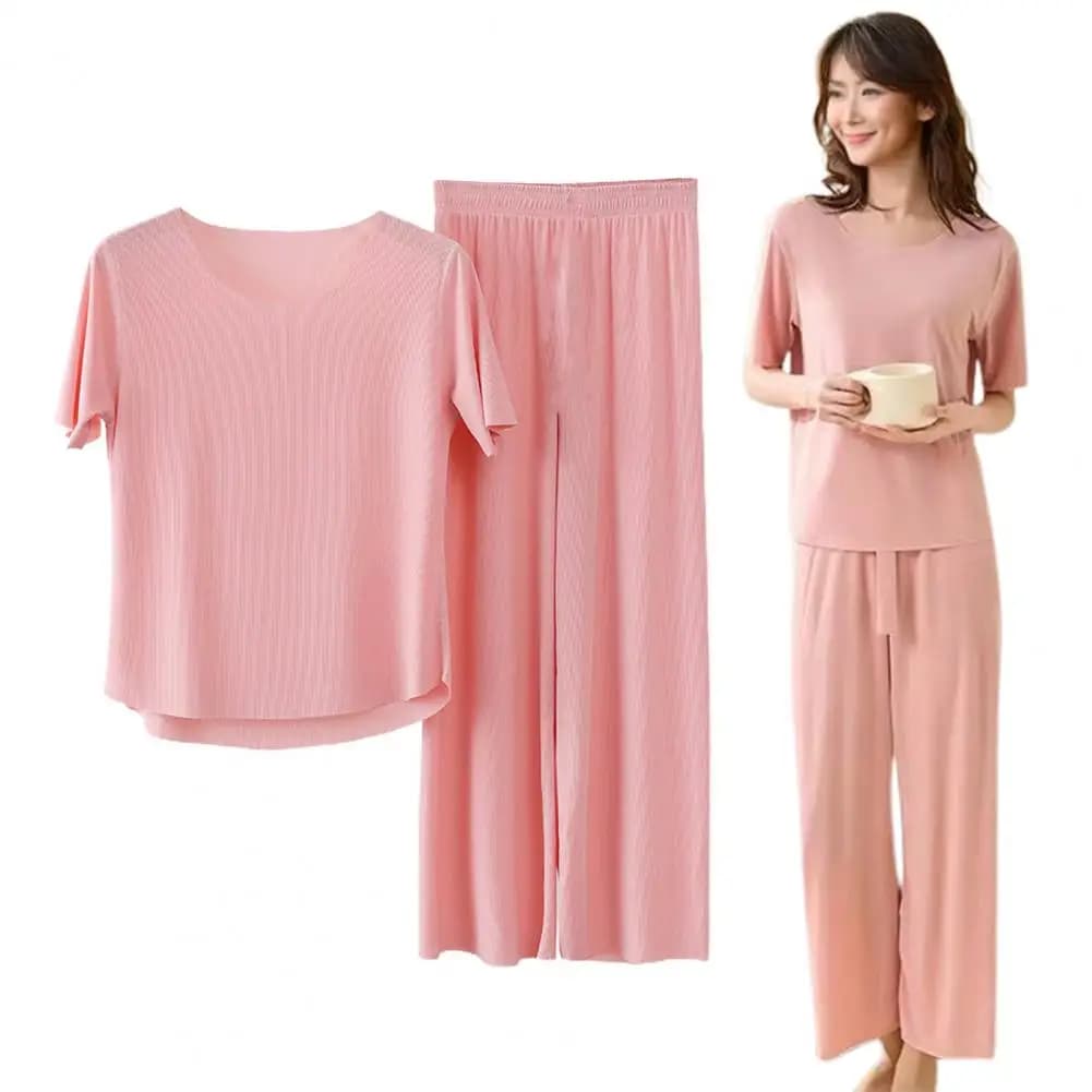Ice Silk Pajamas Set Women's Pajamas Set Solid Colour Comfortable Indoor Outfit Casual Breathable Lightweight Minimalist Pajamas