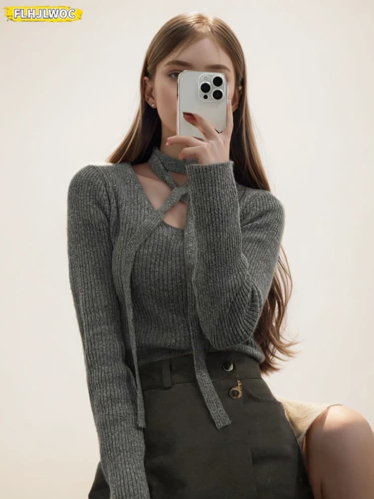 Felpe da donna di Design Chic coreano con scollo a V camicie a maniche lunghe con lacci top Casual autunno inverno pullover maglioni