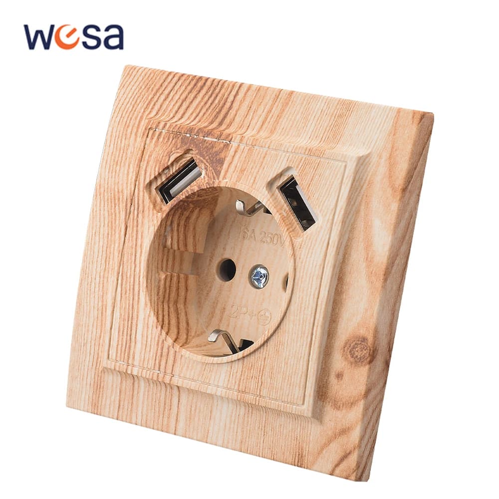 WESA Vernice spray per legno Presa doppia USB Presa elettrica 2.1A Presa di terra standard UE Presa a muro Plastica ignifuga