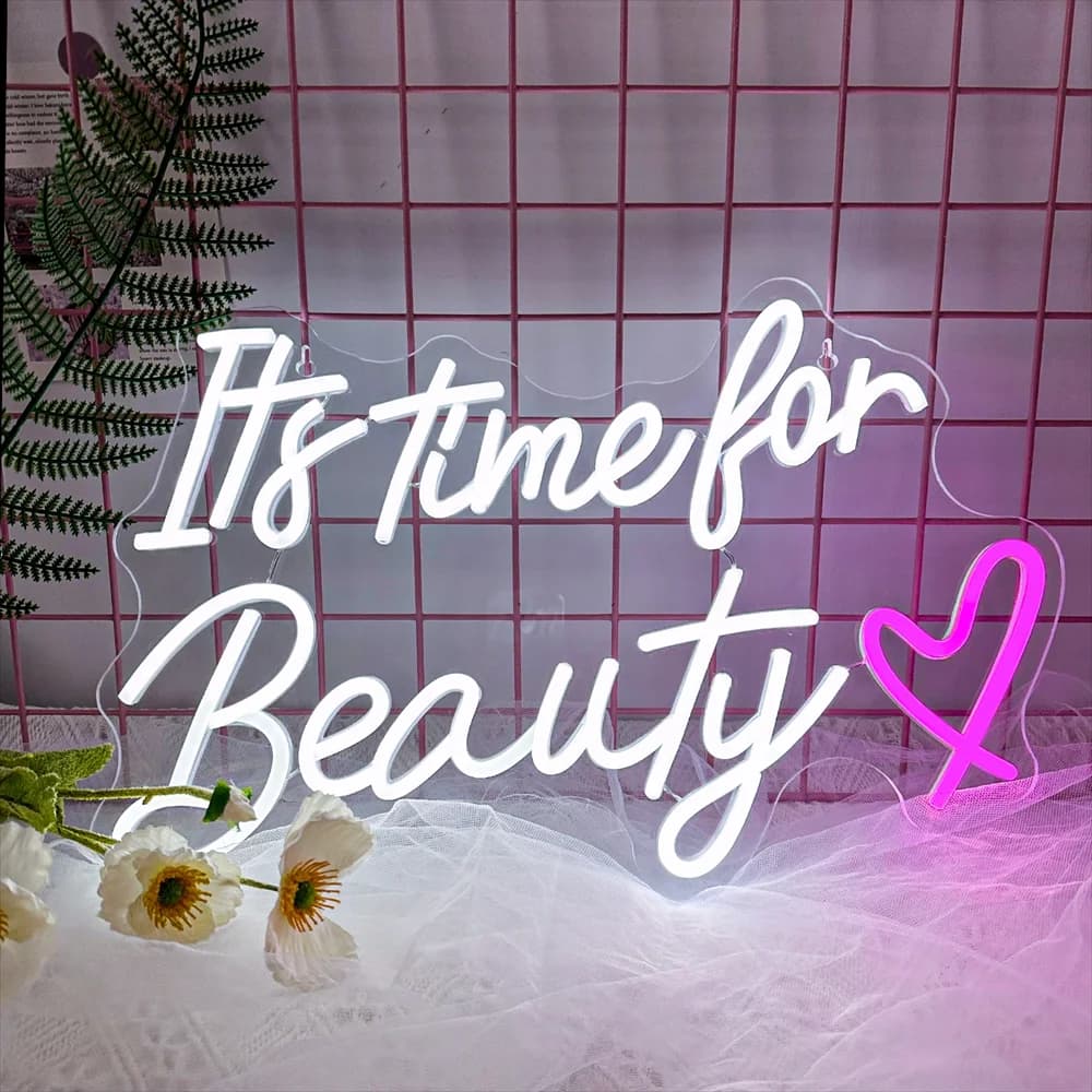 È l'ora per la bellezza Insegna al neon per la decorazione della parete Alimentazione USB Lettera artistica Luci al neon Decorazione della stanza Unghie Parrucchiere Studio Logo Lampada