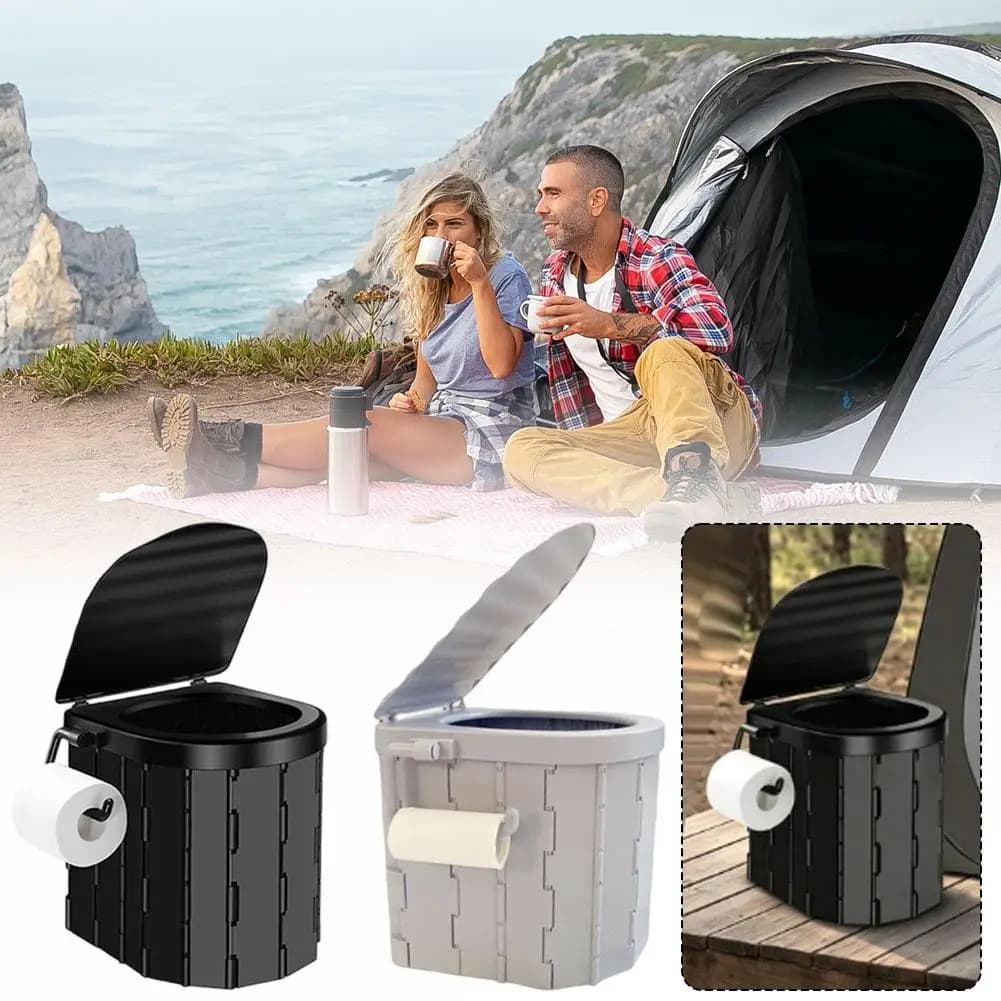 Portable Folding Camping Toilet, ABS Material Emergency Car Toilet with Toilet Paper Holder, for Outdoor & Road Trips