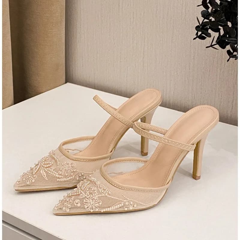 Sandali da donna con tacco alto di marca di lusso in rete ricamati eleganti scarpe da sposa da sposa firmate con cinturino alla caviglia da donna a punta