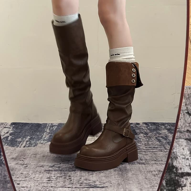 Autumn Winter Sole Women's Waist Rider Boots High-Concise Slip-On Women's Shoes Vintage Height Rise Long Botas De Mujer