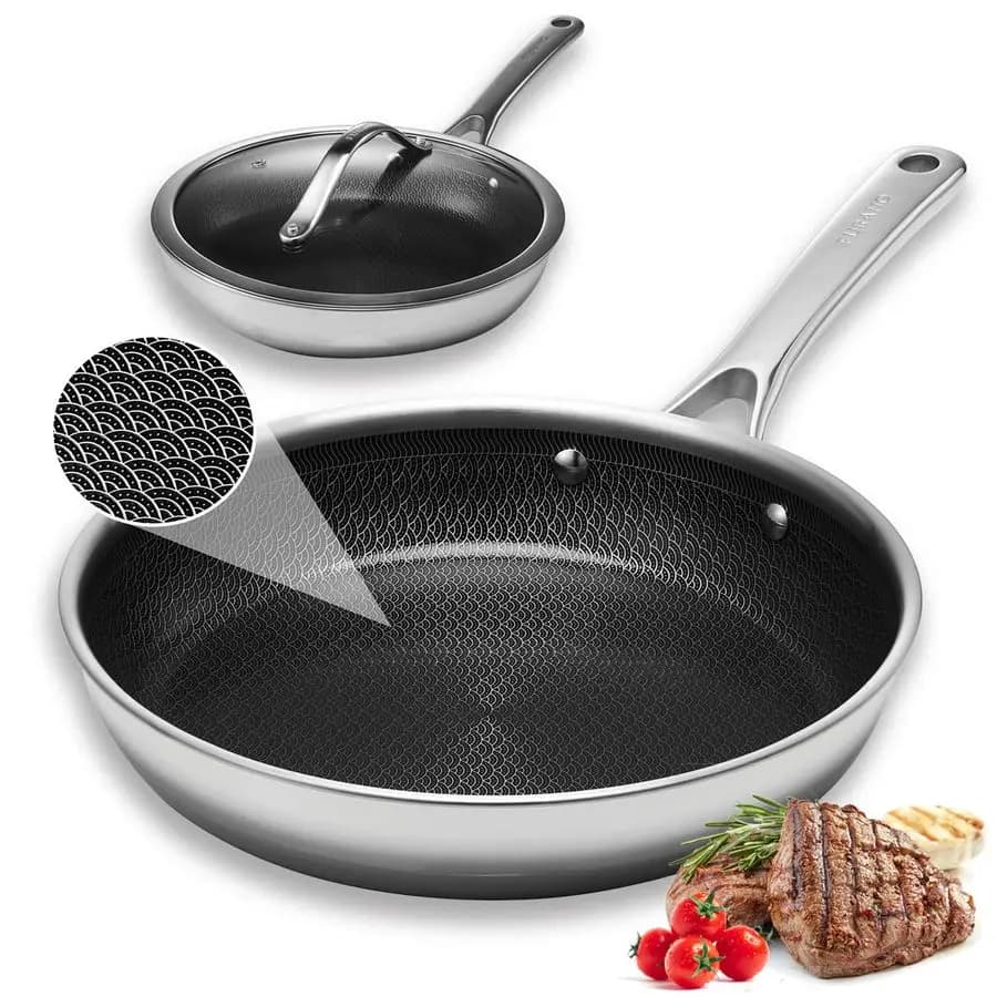 Panels with lid, 10 inch stainless steel pan set with ceramic and stainless steel hybrid pan, compatible with induction and oven.