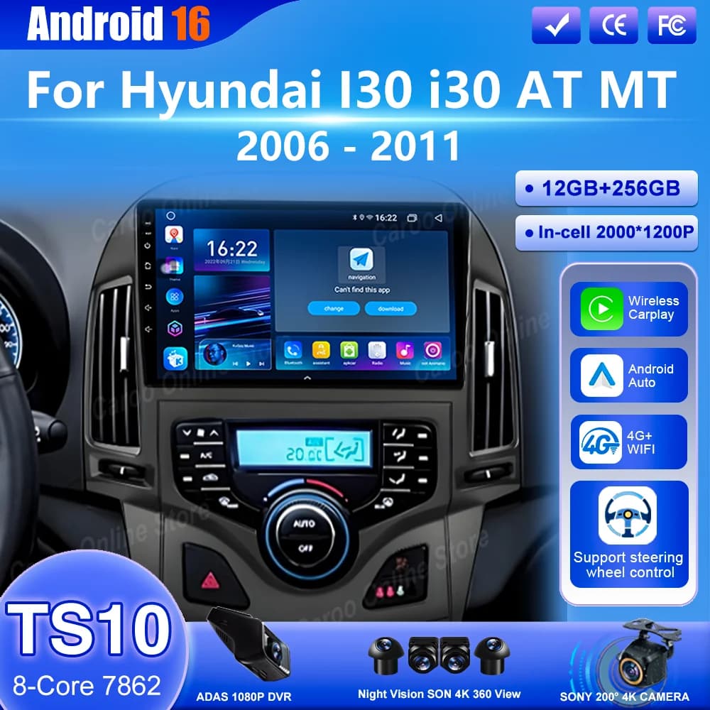 Android 16 Auto DVD Radio Stereo For Hyundai I30 i30 AT MT 2006 -2011 Auto Carplay Video player Bluetooth main unit 4G