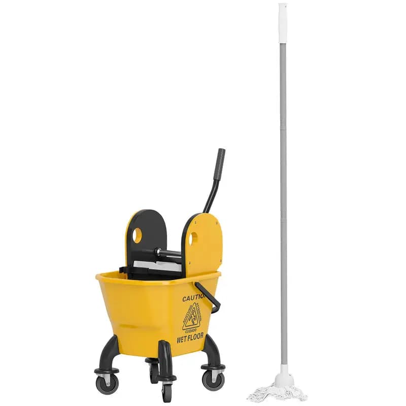 HOMCOM Secchio per Mop con Strizzatore su Ruote per Pulizia Pavimenti, Strizzatore a Pressione da 27,5 Litri con Manico e Mop, Giallo