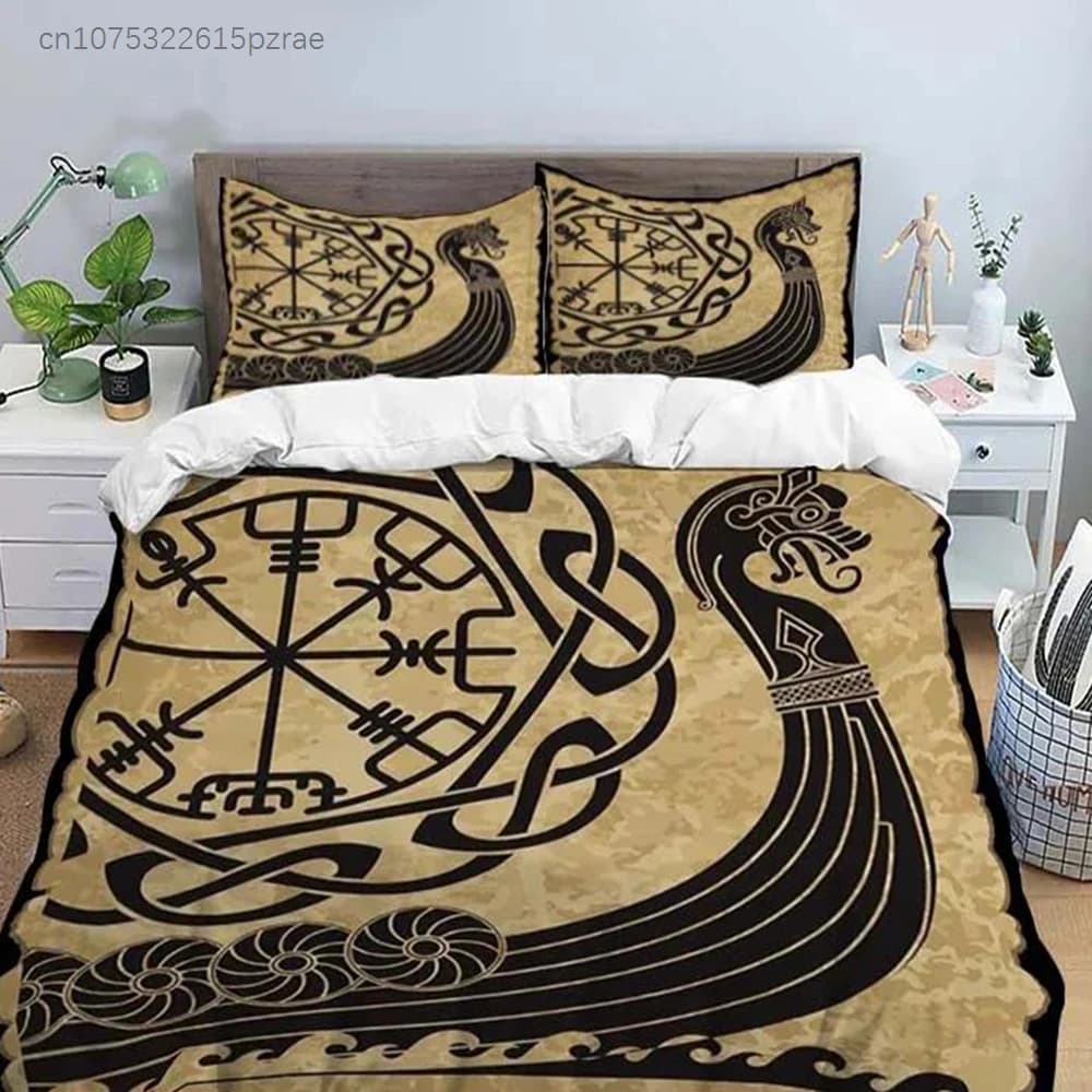 Viking Duvet Cover King Scandinavian Folklore Motifs Bedding Set Microfiber Northern Germanic Culture Mjollnir Comforter Cover