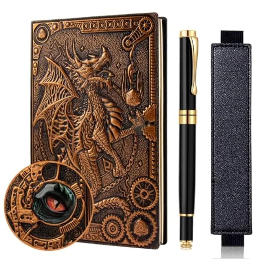 Vintage Flying Dragon Notebook, DND Travel Journal, A5 Daily with Ballpoint Pen and Pen Sleeve, 3D Embossed PU Leather Journal