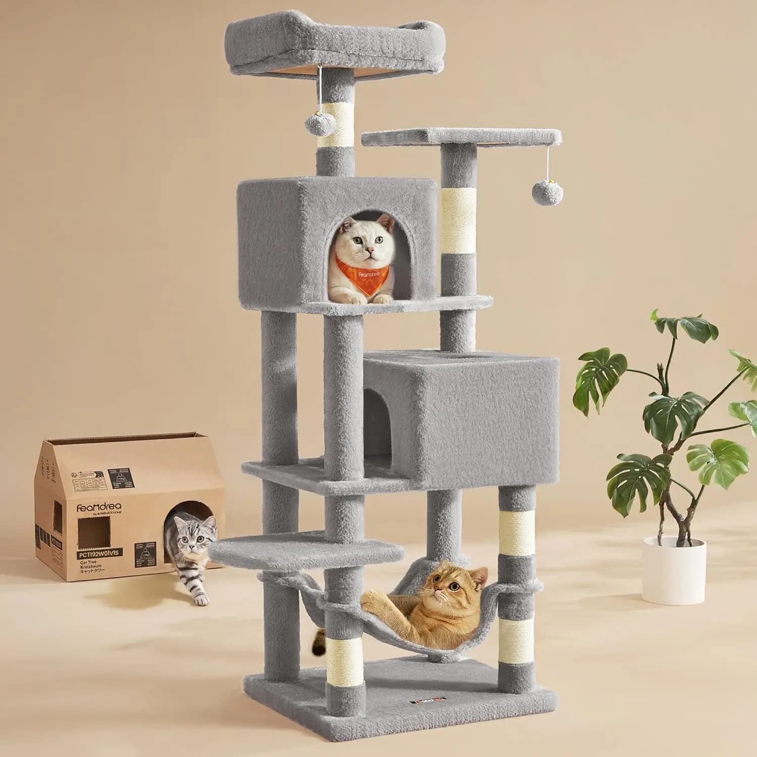 Tiragraffi per Gatti, Altezza 151 cm, Torre Multilivello in Peluche con 5 Tiragraffi, 2 Piattaforme, 2 Grotte, Amaca, 2 Pompon
