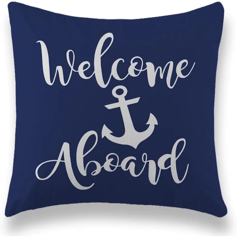 Federa Decorativa con Ancora Nautica 'Benvenuti a Bordo' in Peluche di Poliestere per Arredamento Casa, Barca e Fattoria