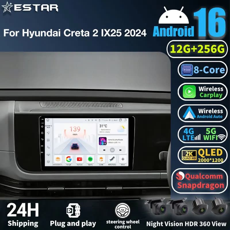 Autoradio Android 16 con Carplay Wireless per Hyundai Creta 2 IX25 2024, Navigazione GPS, BT, 4G LTE, DSP Auto, Telecamera 360°