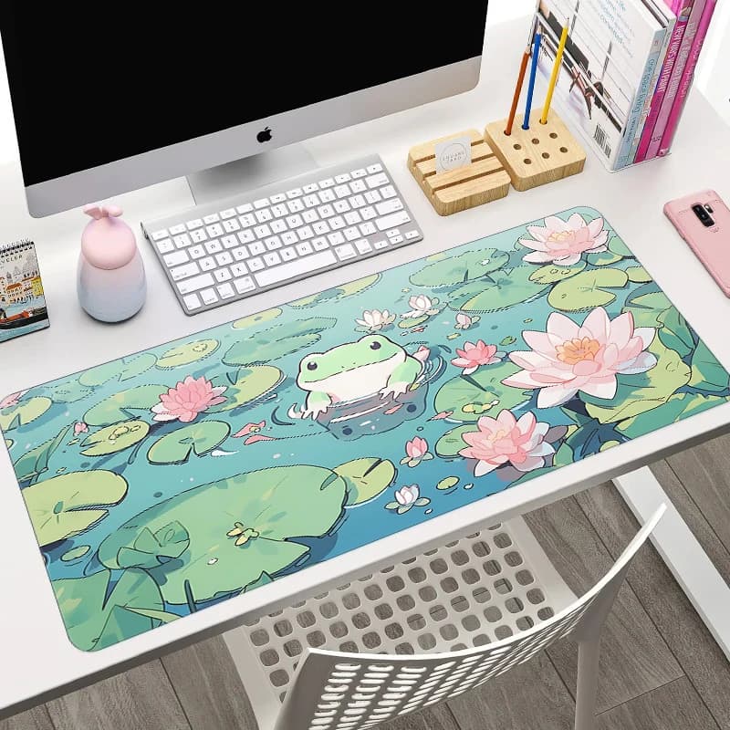 Tappetino per mouse con simpatico rana nel laghetto, grande tappetino da scrivania per computer, ufficio e giochi, XXL in gomma antiscivolo, per tastiera e mouse, lungo.