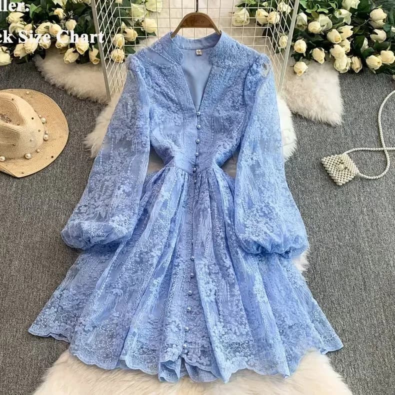 Abito corto in pizzo a maniche lunghe autunno estate Abito corto da donna con ricamo all'uncinetto Abiti da sera formali Abito da principessa dolce palazzo