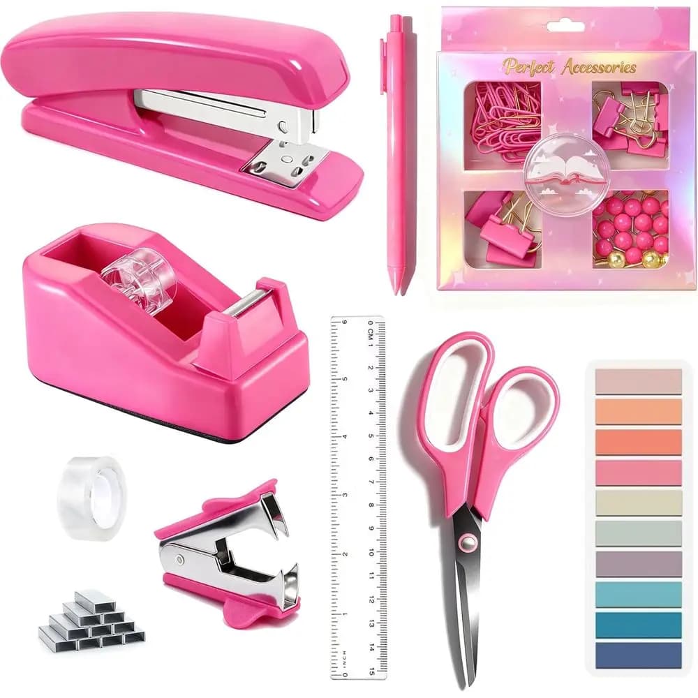 Fuchsia Office Accessories Set with Dispenser, Stapler, Staples, Tape, Clips, Ruler, Scissors, Pen