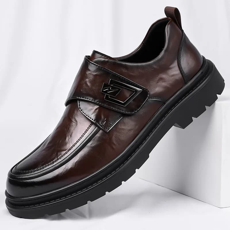 2026 New Men's Business Casual Leather Shoes with Velcro Round Head Thick Bottom Office Dress Shoes