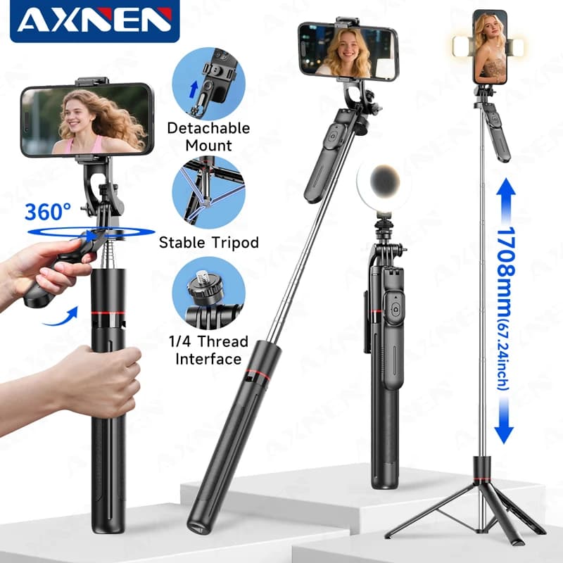 AXNEN F16 Selfie Stick Extendable 1708mm Tripod 360° Rotate Shoot Bluetooth Remote 1/4 Interface for Phones Action Camera