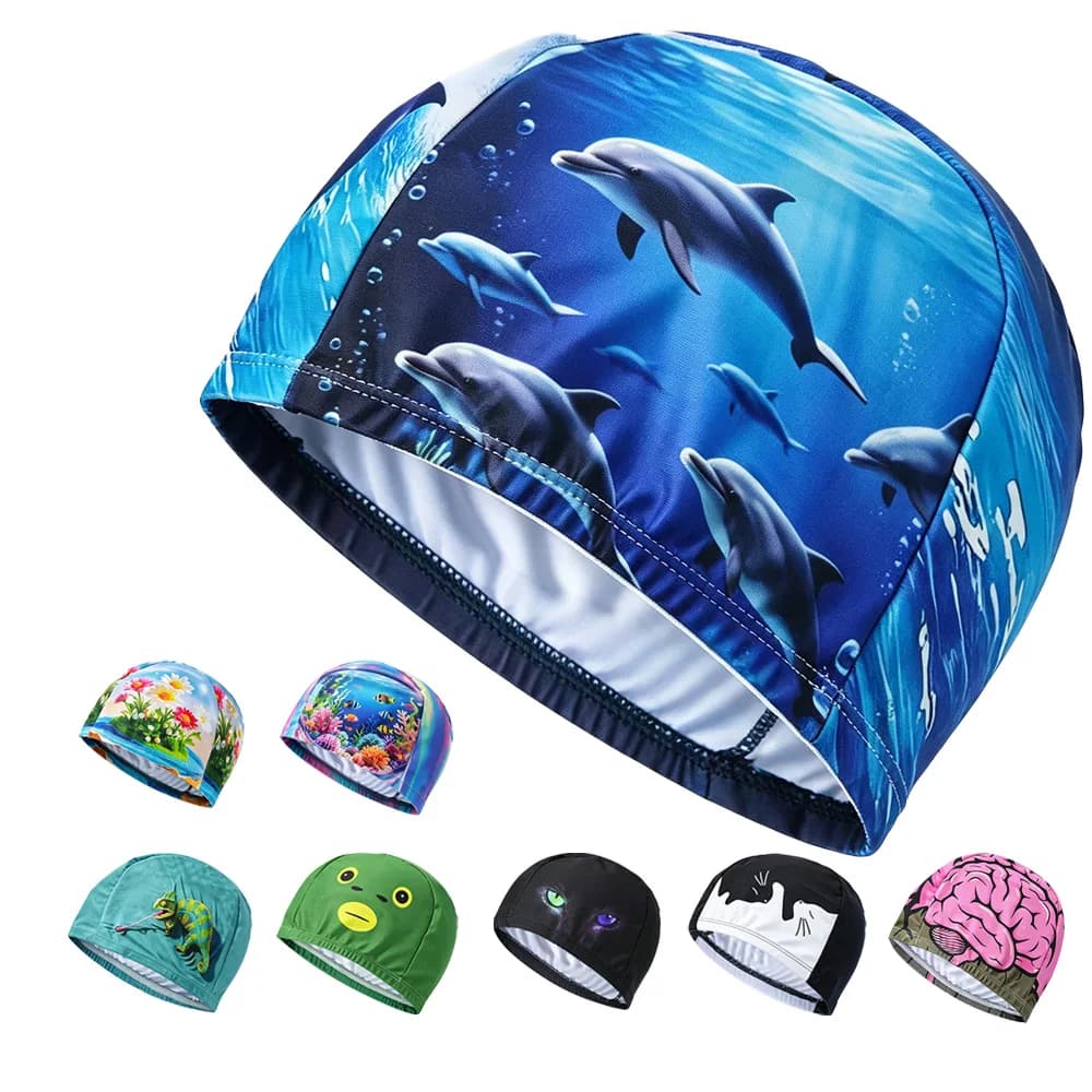 Adults Swim Cap Unisex, Elastic Comfort Ear‑Protection Printed Cap for Indoor Swim & Beach