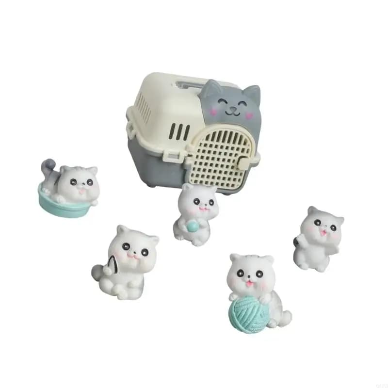 1:12 Doll House Scene Decoration Set with Miniature Cats Carriers and 5 Figures for Display Layouts and Use Indoors