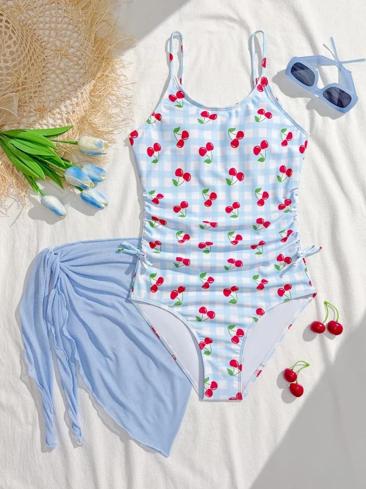 Costume da bagno intero per bambine 2026, nuovo modello blu a quadri con ciliegie, costume da bagno estivo per bambini con copricostume in rete per la spiaggia