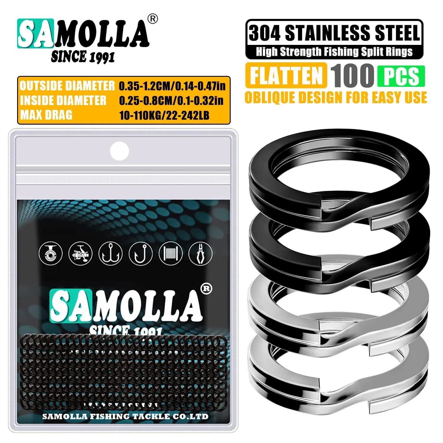 100 pz Anelli Divisi Per Pesca In Acciaio Inox 3.5-12 MM di Alta Qualità Rafforzare Doppio Cerchio Rotondo A Scatto Accessori Per Pesca