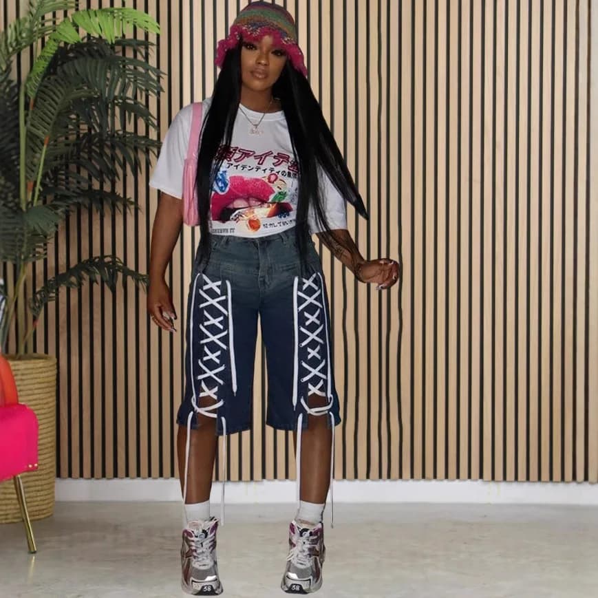 Women's Denim Shorts High Waist Jeans Drawstring Drawstring Straight Knee Pants Consumed Effect Hinge Fly Streetwear Trained