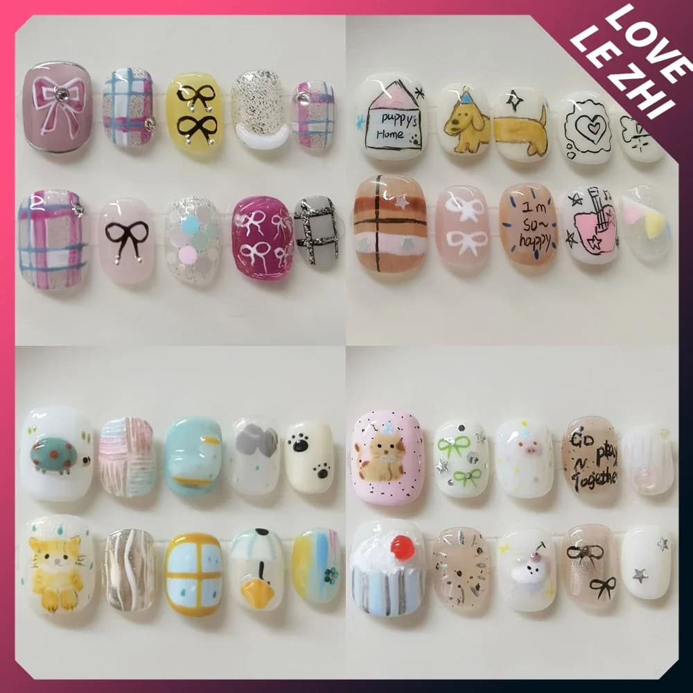 10 pezzi carino corto quadrato rotondo fatto a mano unghie finte cartone animato gatto cane dipinto a mano bowknot perla pane patate unghie finte riutilizzabili