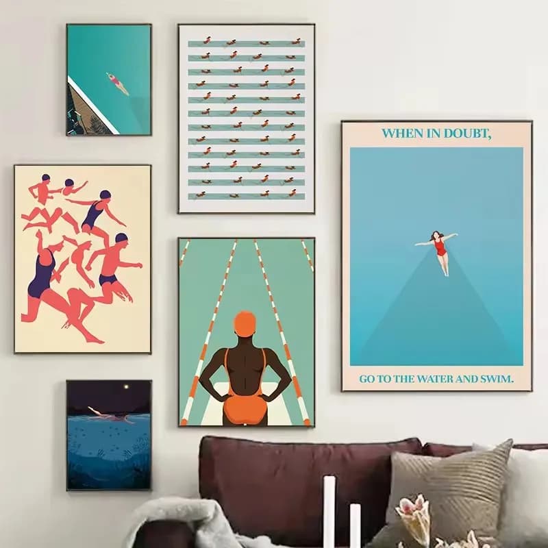 Retro Abstract Summer Swimming Pool Diver Beach Surfing Poster and Printed Canvas Painting Wall Art Pictures Home Bedroom Dec