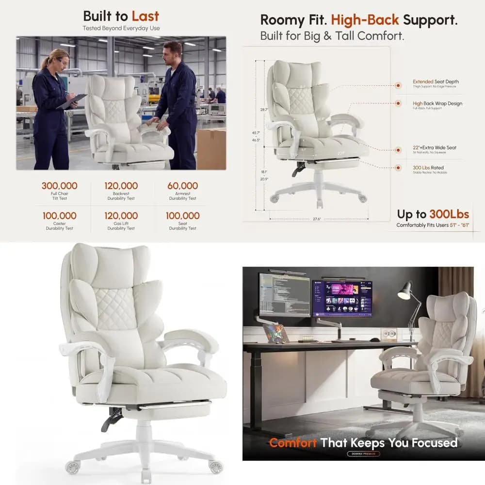 Ergonomic High-Back Gaming Chair with Spring Cushion, Adjustable Armrests, and Footrest - White PU Leather