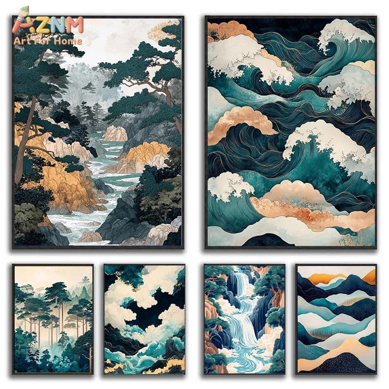 Japanese Hokusai Forest Waves Japan Landscape Mid Century Exhibition Poster Canvas Painting Wall Art Pictures Home Decor
