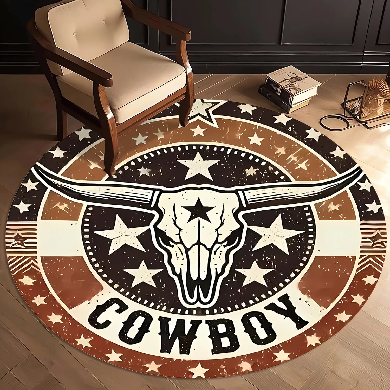 Tappeto rotondo a tema cowboy, tappetino in poliestere lavabile con design a teschio di stelle per l'arredamento esterno dell'ingresso della camera da letto del soggiorno