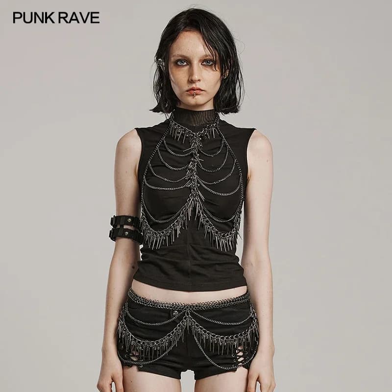 PUNK RAVE Women's Punk Metal Rivets Harness Chain Form A Rib Shape Gothic Party Club Fashion Personalized Cosplay Accessories