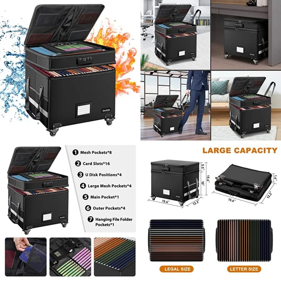 Scatola Portadocumenti Ignifuga con Serratura, Contenitore per File a 2 Livelli con Ruote, Organizzatore Pieghevole per Archiviazione con Tasche, Grande e Portatile