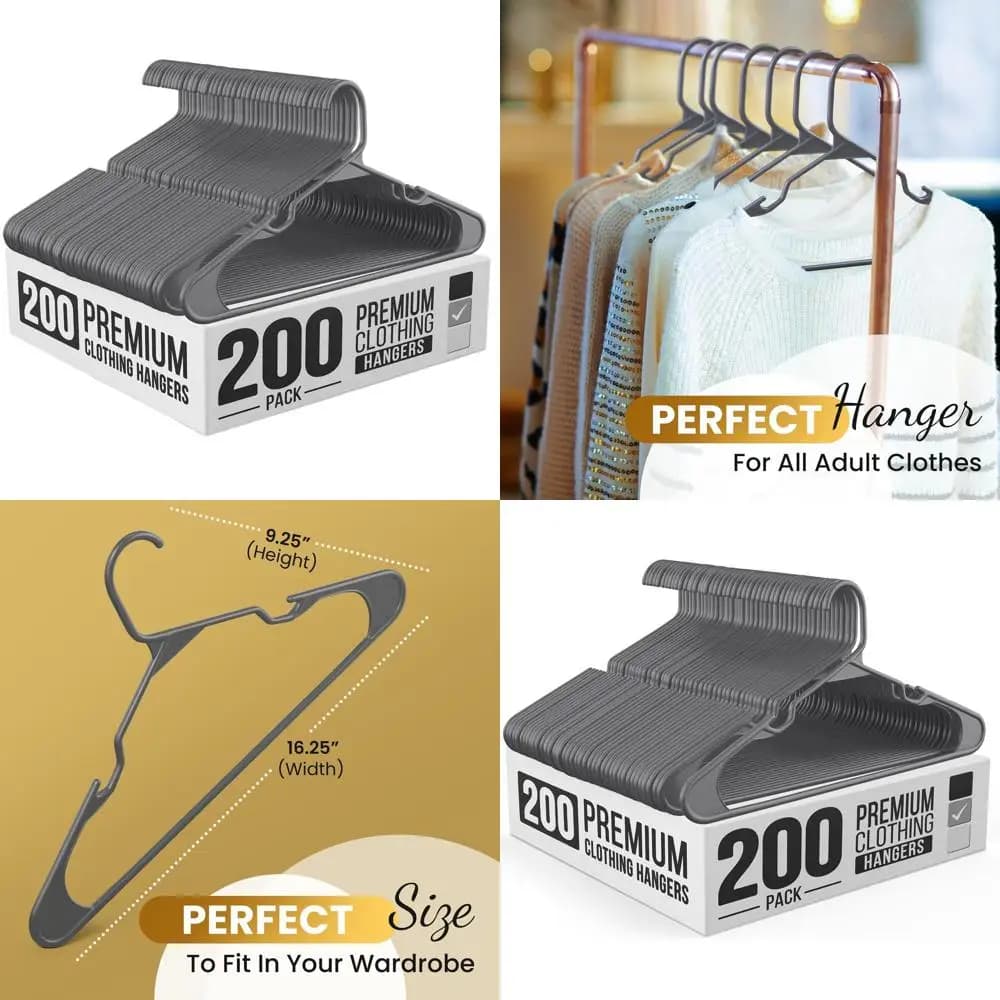 Confezione da 200 appendiabiti in plastica resistente per camicie, pantaloni, cappotti, vestiti, gonne e abiti, con ganci sulle spalle, colore grigio