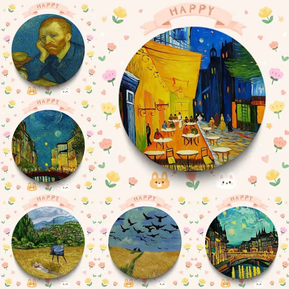 Spilla creativa artistica Van Gogh con olio su tela, divertente, rotonda, a scatto, per zaino, cappello, accessori, gioielli, regali per amici