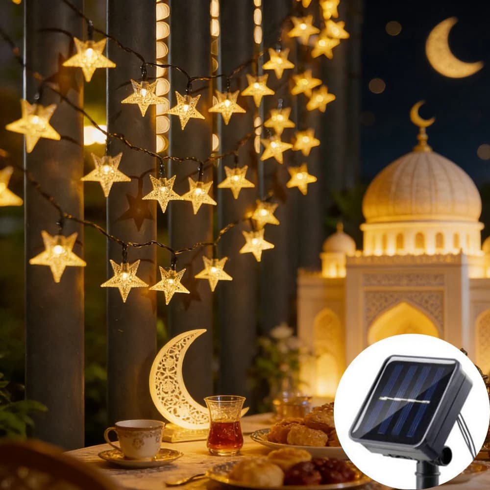 Catena Luminosa a Stella con 20/50/100 LED, Lampada Solare da Esterno per Giardino, Eid Mubarak, Matrimoni, Feste, Ramadan, Decorazione Casa