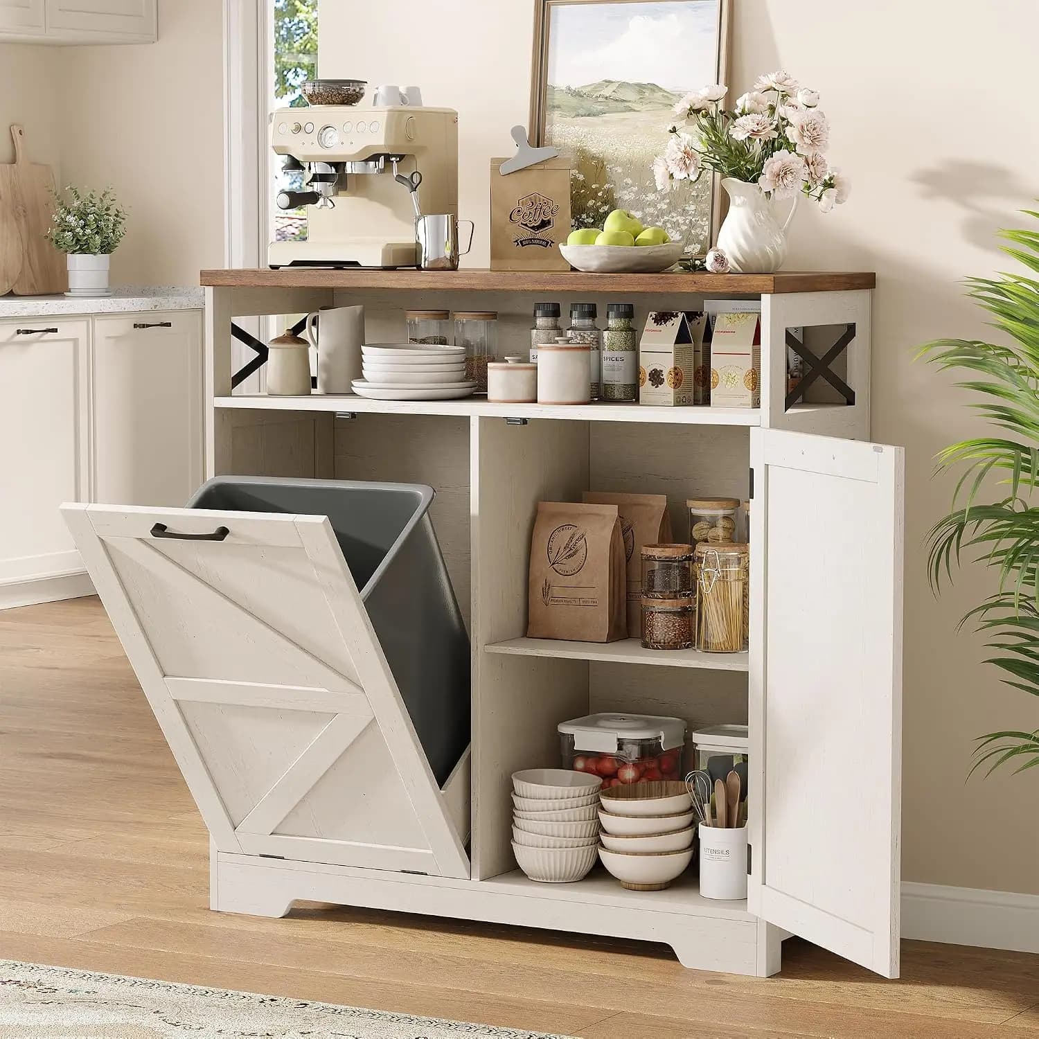 13 Gallon Tilt Out Trash Can Cabinet with Storage Hidden Garbage Recycling Bin Pet Proof Kitchen Island Laundry Hamper for Living Room Dining Room White