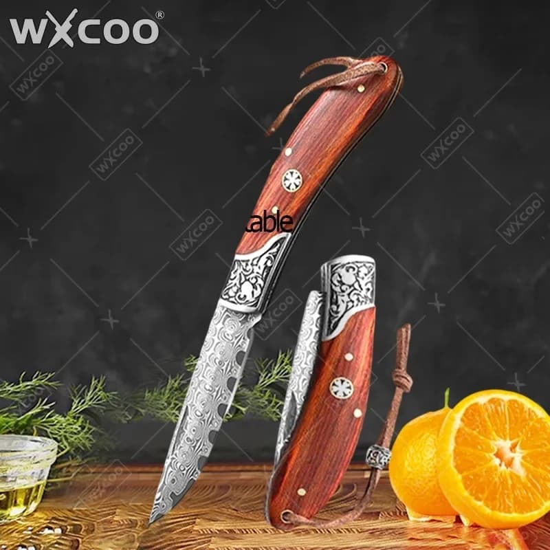 WXCOO Damascus Pattern Folding Knife Professional Knife with Non-Slip Handle Kitchen Meat Cleaver Fruit Utility Pocket Knife