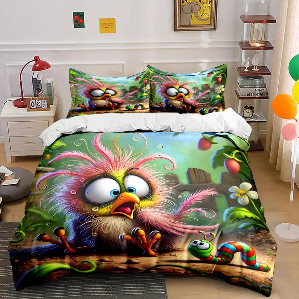 Frightened bird meets caterpillar Print Bedding Set 1 Duvet Cover 2 Pillowcases for Adult and Children Luxury Gift Full Size