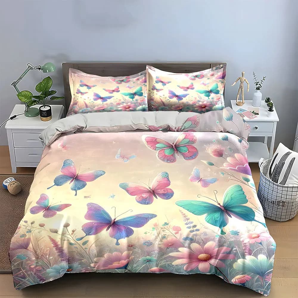Set di biancheria da letto con farfalle pastello, 3 pezzi, copripiumino con stampa di farfalle rosa e blu e fiori selvatici + 2 federe, decorazioni floreali
