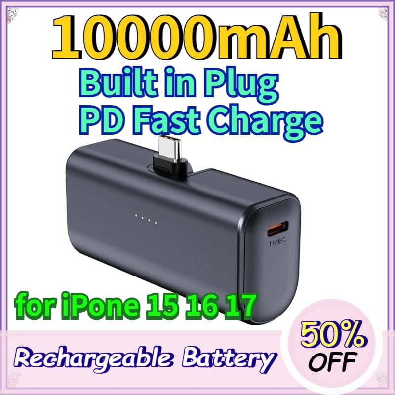 10000mAh PD Power Bank Built in Foldable Wall Plug Fast Charging Compact Capsule Design Portable Battery for IPone 15 16 17