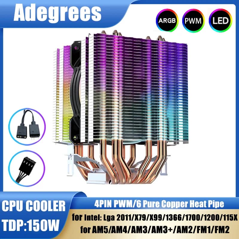 Dissipatore CPU ad Aria con 6 Heatpipe e Ventola PWM da 90mm ARGB per Intel LGA 1366/1151/1156/1700/2011/X99/X79/AMD/AM3/AM4/AM5 - Radiatore PC